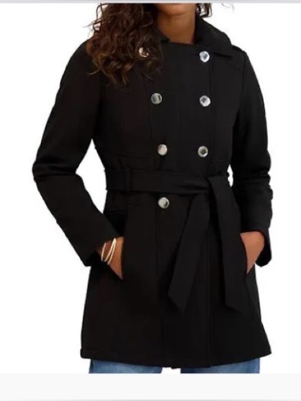 Kensie Black Hooded Belted Trench Coat